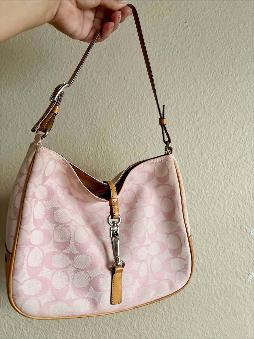 Coach Pink Signature Canvas Hobo with Tan Leather Trim